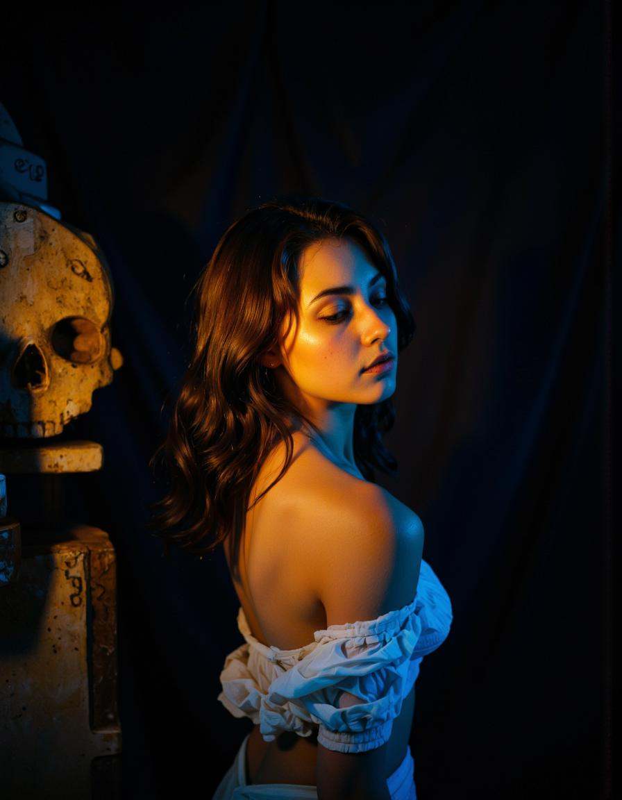 The image is a photograph featuring a young woman with a serene,  ethereal quality. She is depicted in a dramatic,  low-ke...