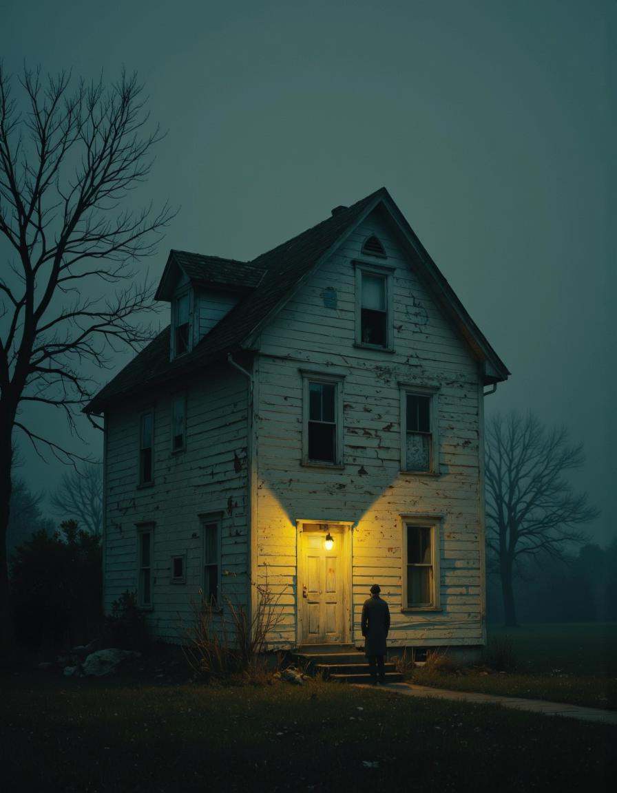 A photograph of a haunting and serene,  almost surreal night scene. The focal point is a solitary,  weathered on Tensor.Art