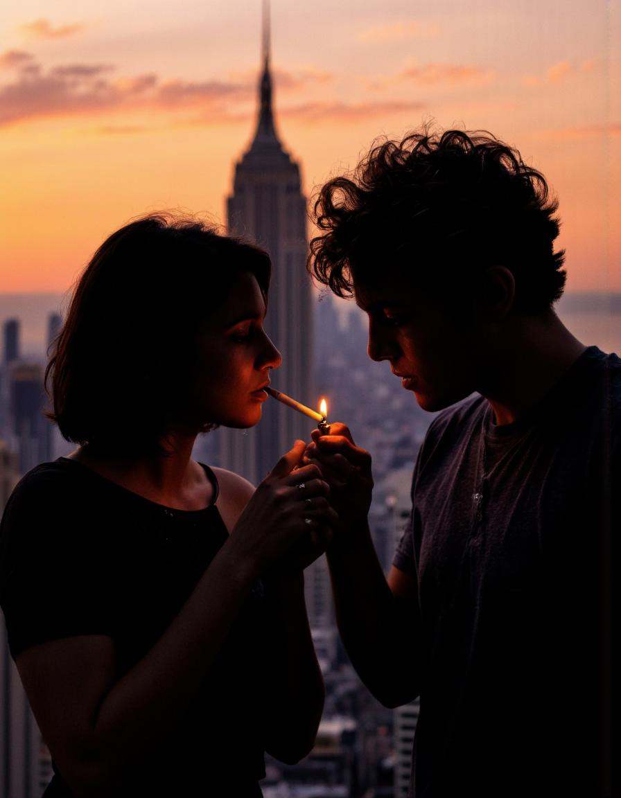 Rembrandt Lighting. A photorealistic close-up shot of a couple's silhouette at sunset,  with a city skyline in the backgro...