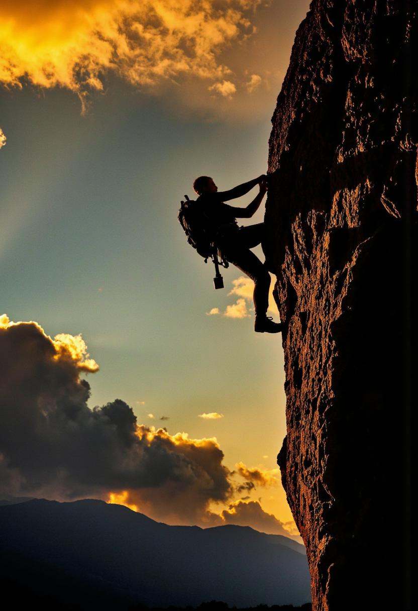 Rembrandt Lighting. A photo-realistic shoot from below about a silhouette of a person rock climbing against a dramatic sun...