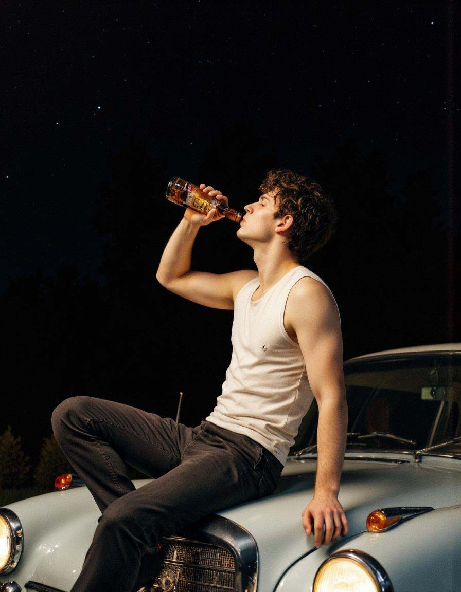 Rembrandt Lighting. A photo-realistic shoot from the side about a young man drinking from a bottle while sitting in the ba...