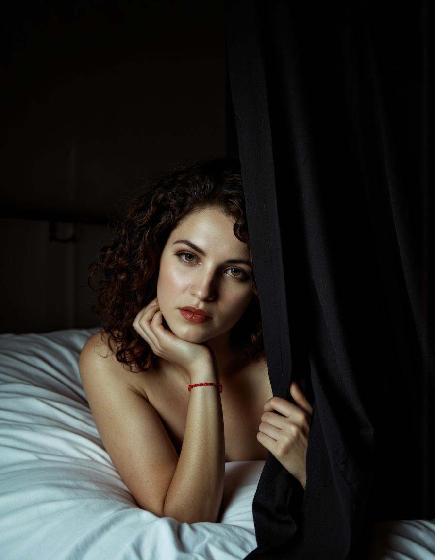 Rembrandt Lighting. Cinematic photography. A photo-realistic shoot from a close-up camera angle about a woman with curly h...