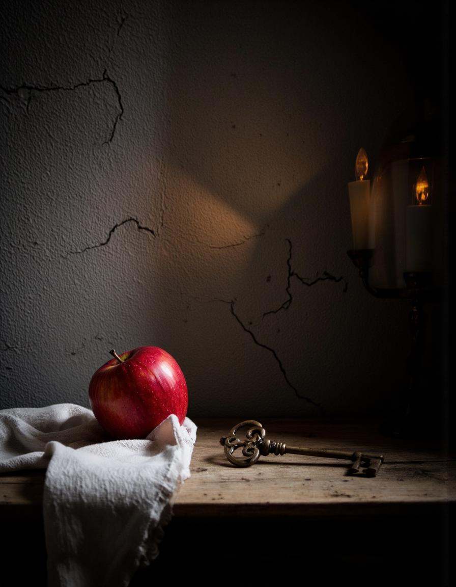 Rembrandt Lighting. A photo-realistic still life shoot from a close-up camera angle about a still life scene featuring a r...