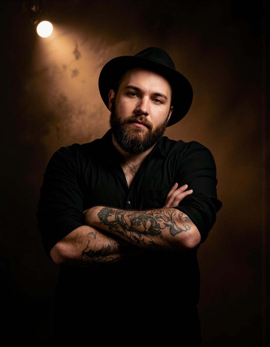 Rembrandt Lighting. A portrait shoot from a portrait camera angle about a man with a beard and tattoos,  wearing a black s...