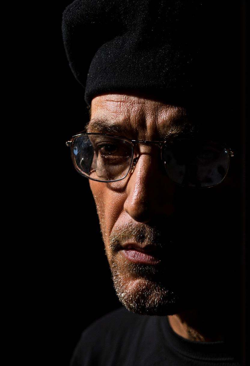 Rembrandt Lighting. A photo-realistic portrait shoot from a profile camera angle about a man wearing round sunglasses and...