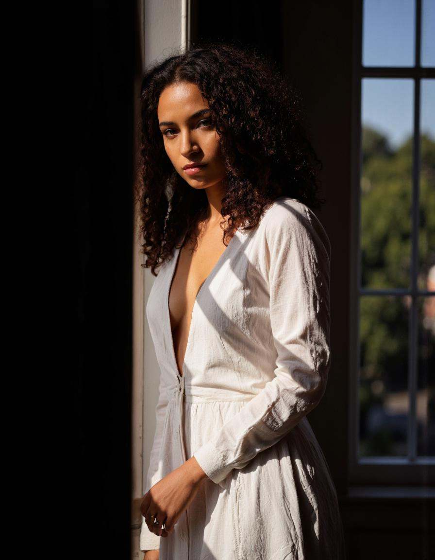 Rembrandt Lighting. A photo-realistic portrait shoot from a portrait camera angle about a portrait of a woman with curly h...