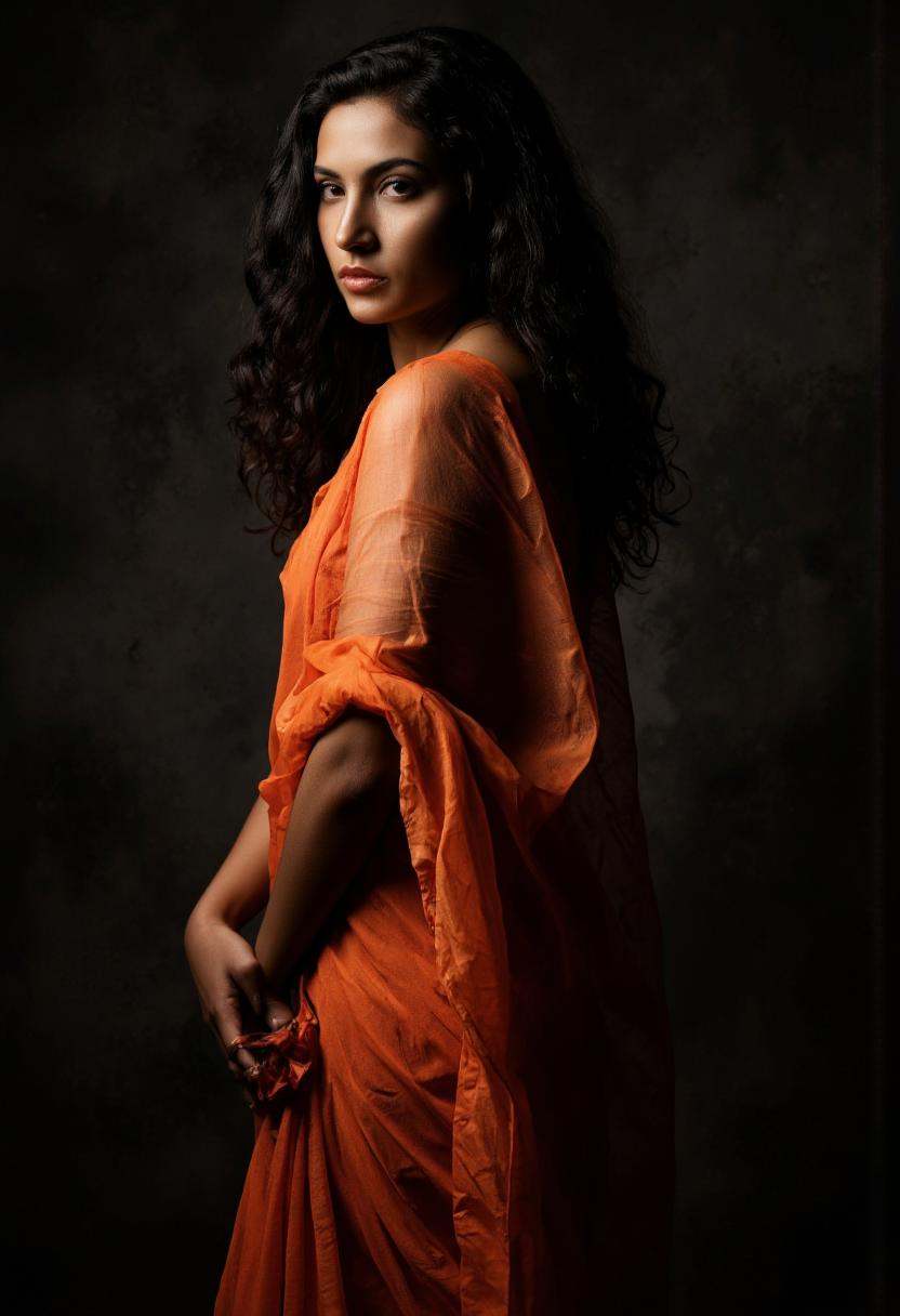 Rembrandt Lighting. A photo-realistic portrait shoot from a portrait camera angle about a woman in a flowing orange sari,...
