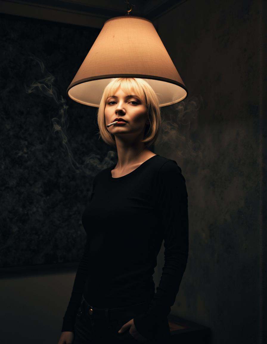 Rembrandt Lighting. A photo-realistic shoot from a portrait camera angle about a woman with a large lampshade and a cigare...