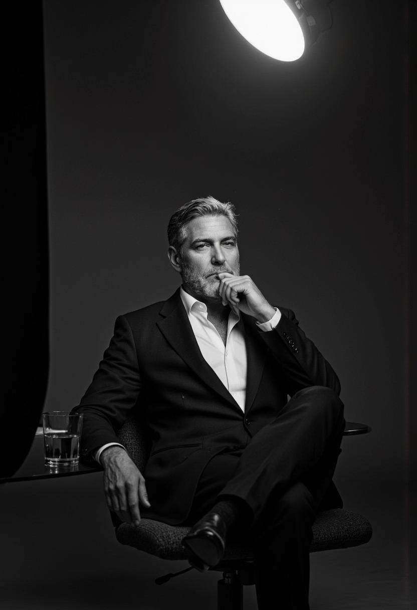 Rembrandt Lighting. A black and white photo shoot from the front about a man sitting in an office chair with a contemplati...