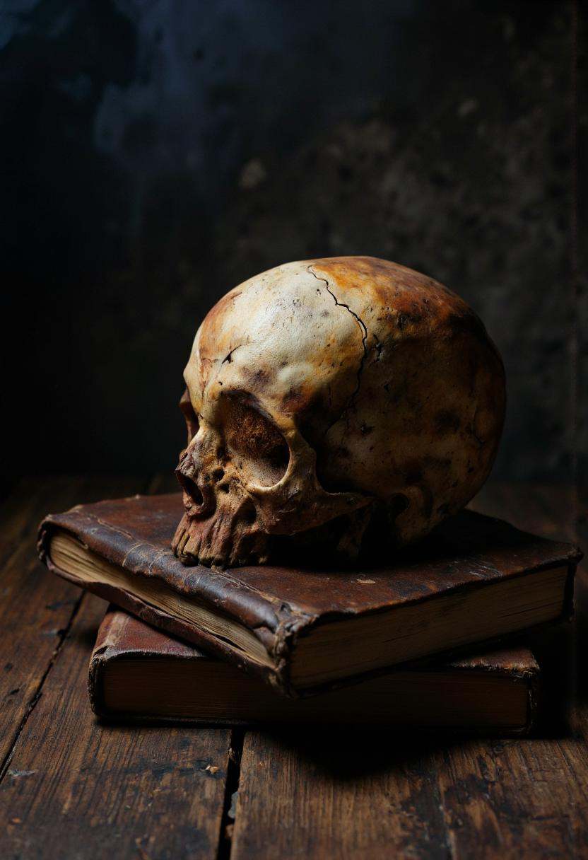 Rembrandt Lighting. A photo-realistic still life shoot from a frontal camera angle about a human skull resting on a stack...