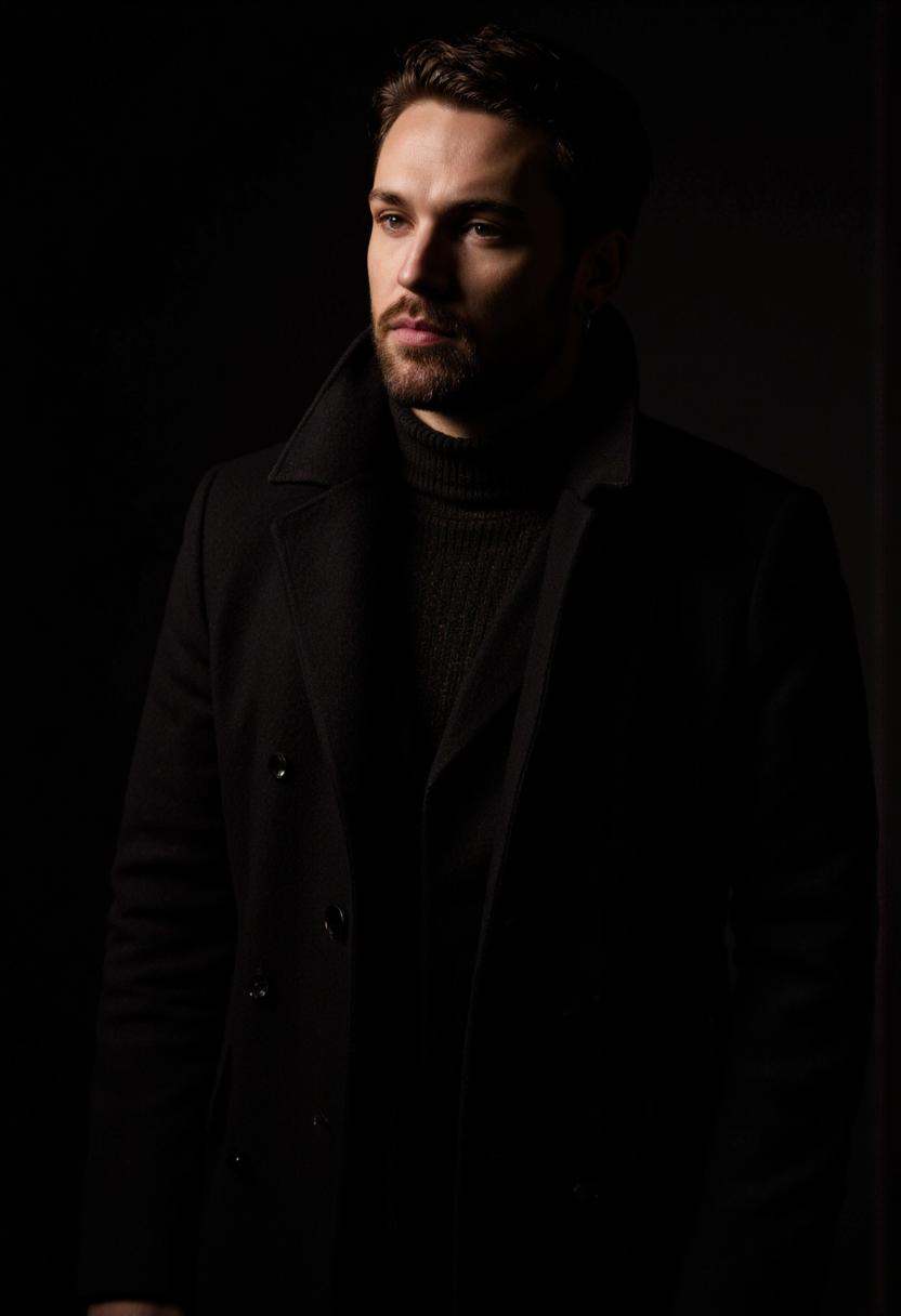 Rembrandt Lighting. A photo-realistic portrait shoot from a portrait camera angle about a man with a serious expression in...