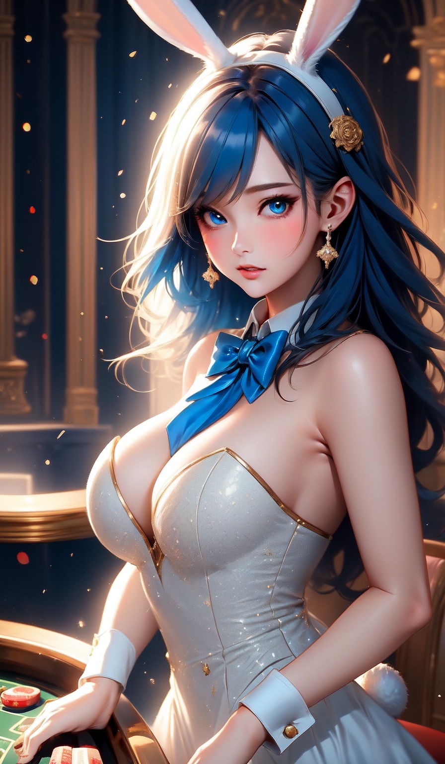 masterpiece,  1girl,  "A stunning anime-style female casino dealer with deep blue hair and bright blue eyes on Tensor.Art