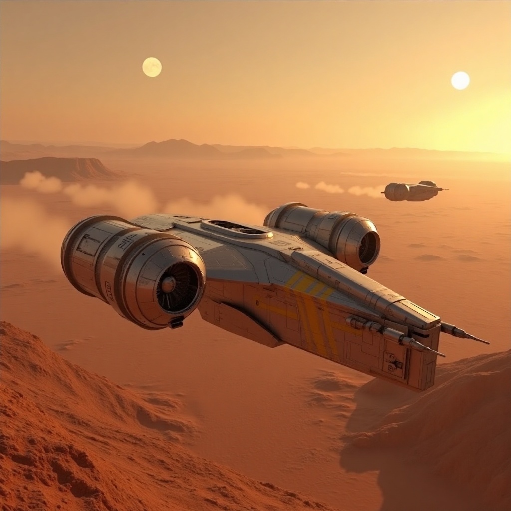 A starship razor crest \(star wars\) flying over a valley on a red planet,  chased by two TIE fighters,  vallry on Tensor.Art