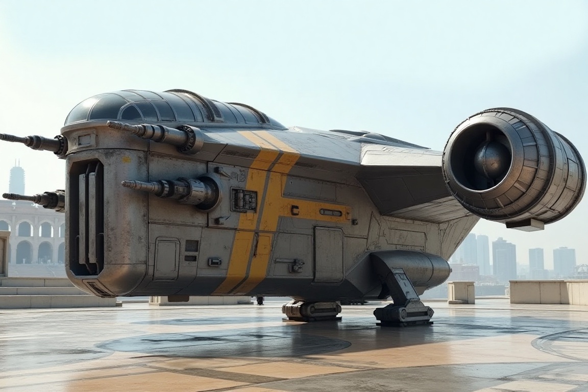 A starship razor crest \(star wars\) on a wide plaza,  blunt head,  canopy on head top on Tensor.Art