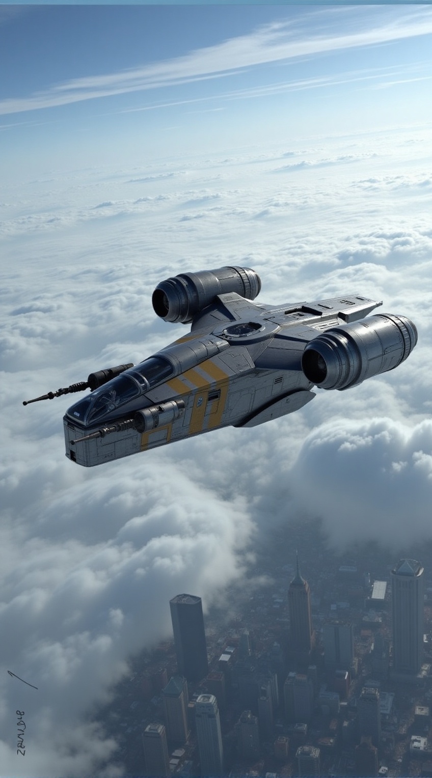 A starship razor crest \(star wars\) flying over a city,  sky,  cloud on Tensor.Art