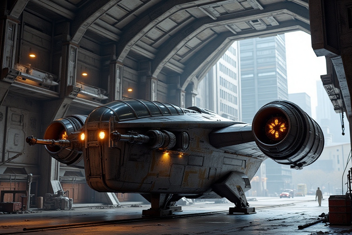 A starship razor crest \(star wars\) in A hangar for maintenance,  blunt head,  canopy on head top on Tensor.Art