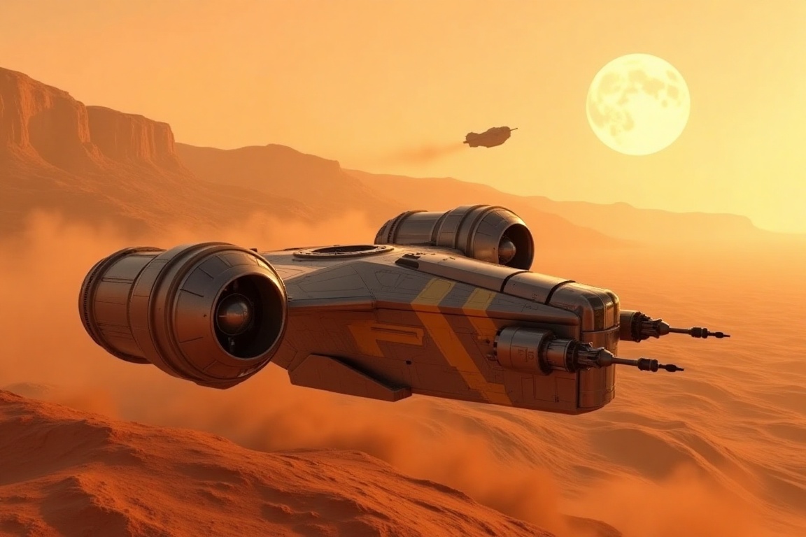 A starship razor crest \(star wars\) flying over a valley on a red planet,  blunt head,  canopy on head top on Tensor.Art