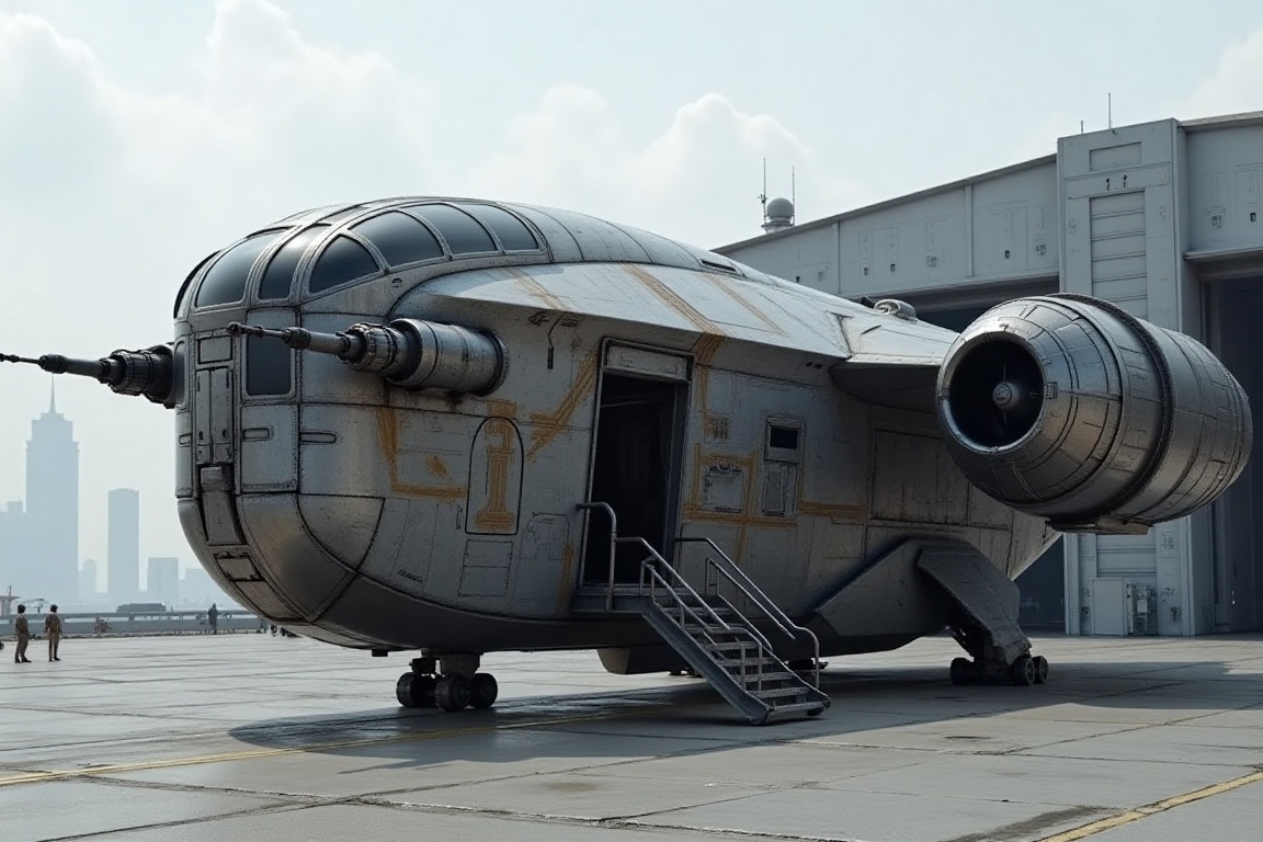 A starship razor crest \(star wars\) parked on a wide landing zone of open Hangar on top of a large military base,  blunt...
