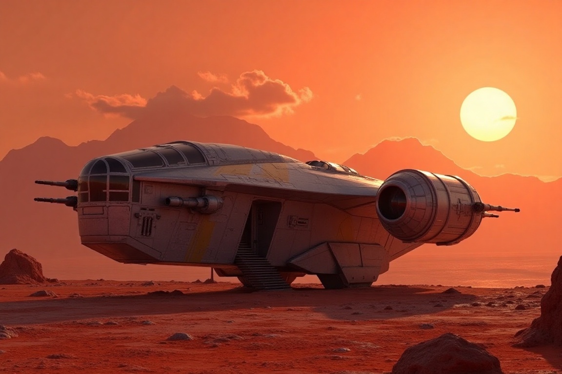 A starship razor crest \(star wars\) parked in a valley,  blunt head,  canopy on head top on Tensor.Art