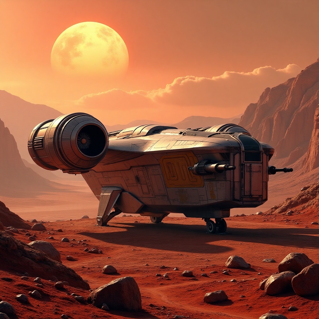 A starship razor crest \(star wars\) parked in a valley,  blunt head,  canopy on head top on Tensor.Art