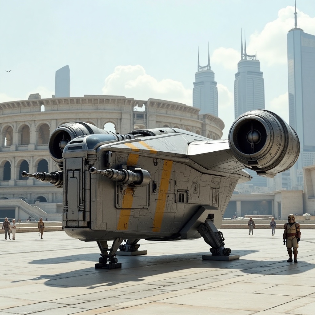 A starship razor crest \(star wars\) on a wide plaza,  blunt head,  canopy on head top on Tensor.Art