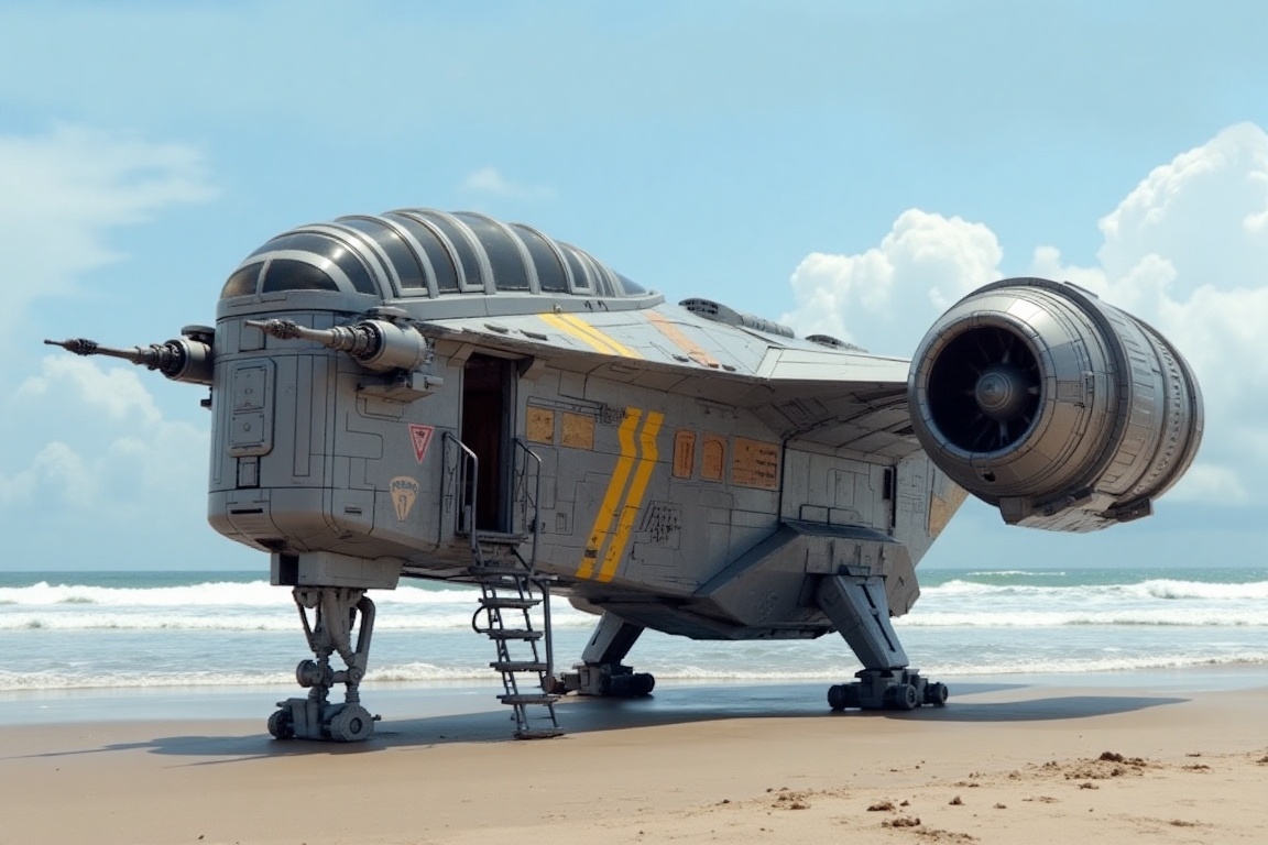 A starship razor crest \(star wars\) parked on ocean beach,  blunt head,  canopy on head top on Tensor.Art