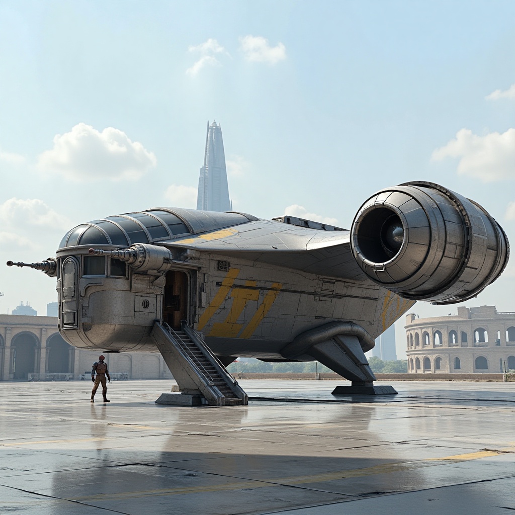 A starship razor crest \(star wars\) on a wide plaza,  blunt head,  canopy on head top on Tensor.Art