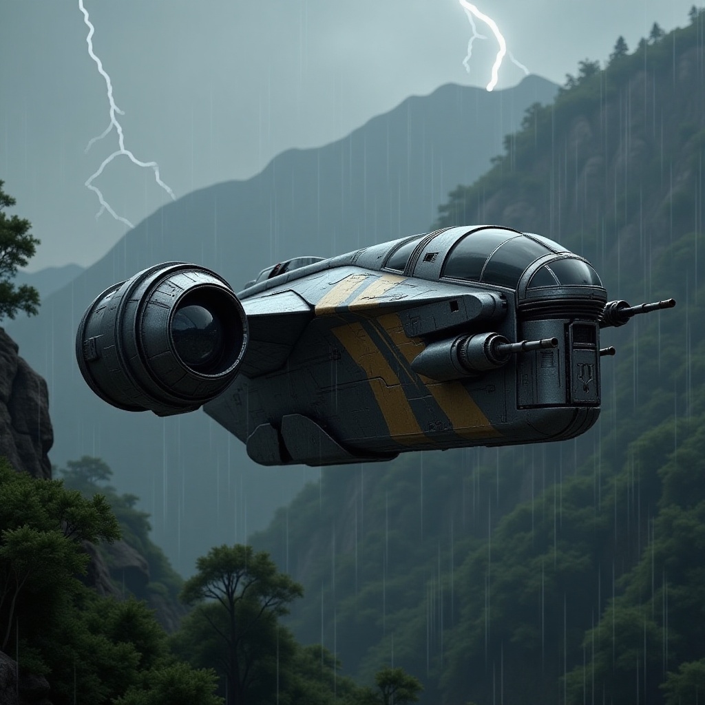 A starship razor crest \(star wars\) flying over jungle forest,  blunt head,  canopy on head top on Tensor.Art