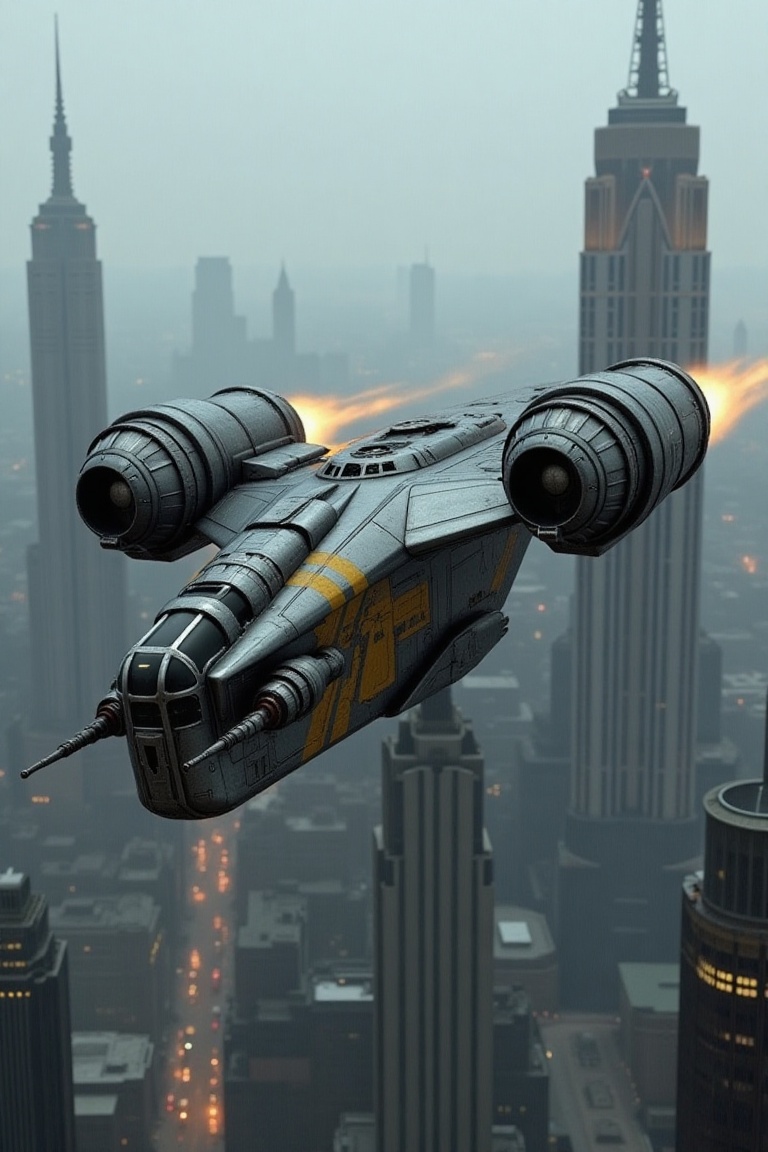 A starship razor crest \(star wars\) flying over futuristic city,  jet booster from the engnines,  blunt head on Tensor.Art