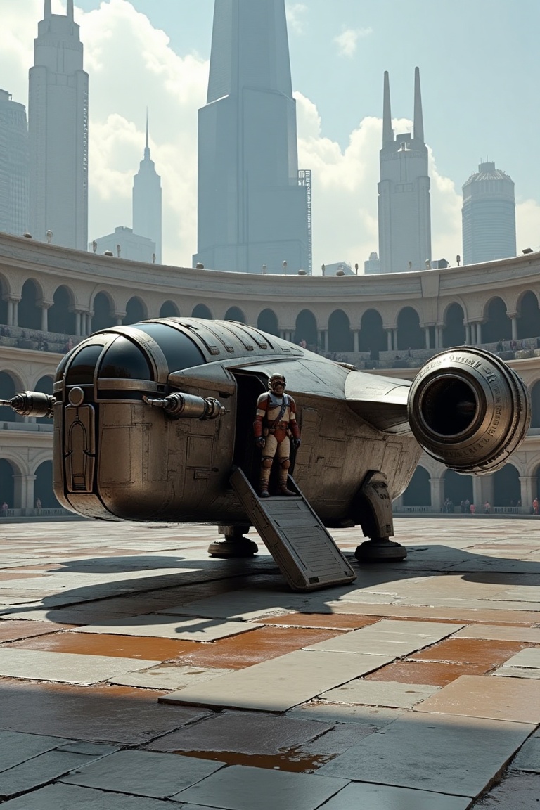 A starship razor crest \(star wars\) on a wide plaza,  blunt head,  canopy on head top on Tensor.Art