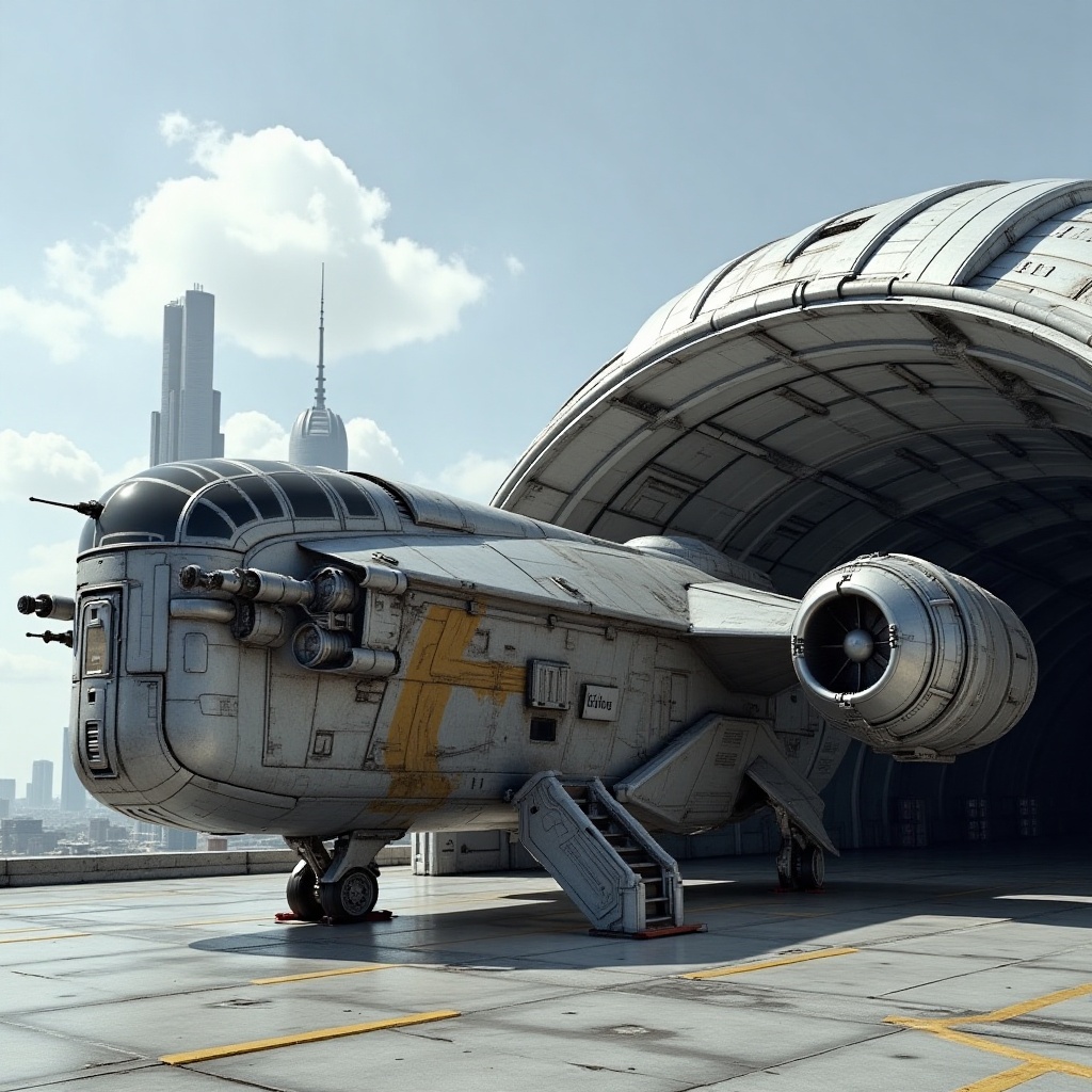 A starship razor crest \(star wars\) parked on a wide landing zone of open Hangar on top of a large military base,  blunt...