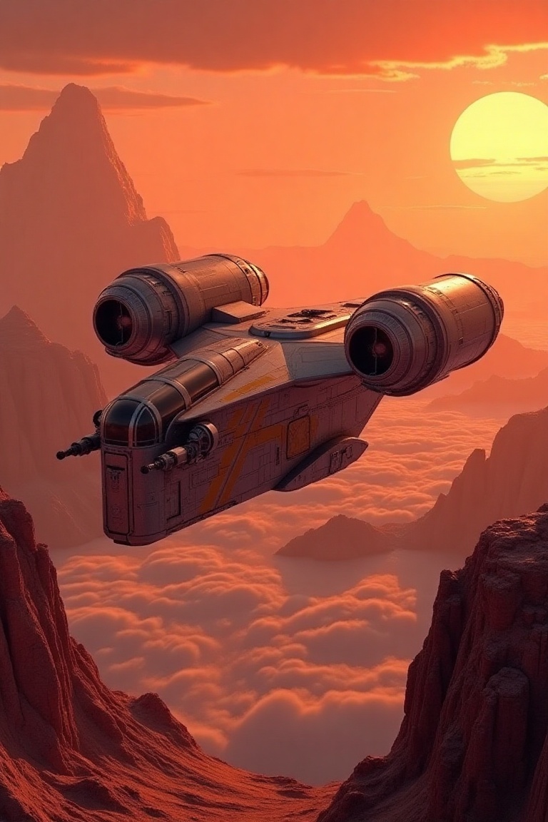 A starship razor crest \(star wars\) on a valley,  blunt head,  canopy on head top on Tensor.Art