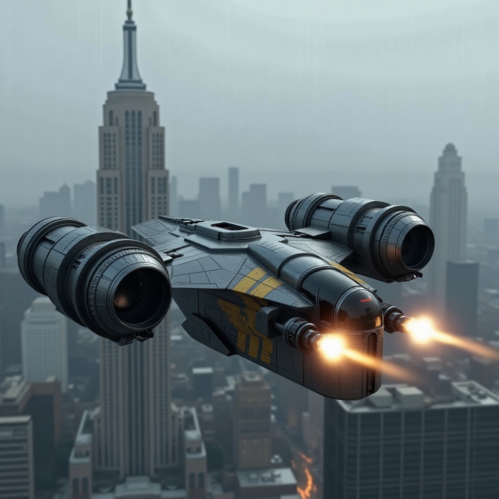 A starship razor crest \(star wars\) flying over futuristic city,  jet booster from the engnines,  blunt head on Tensor.Art