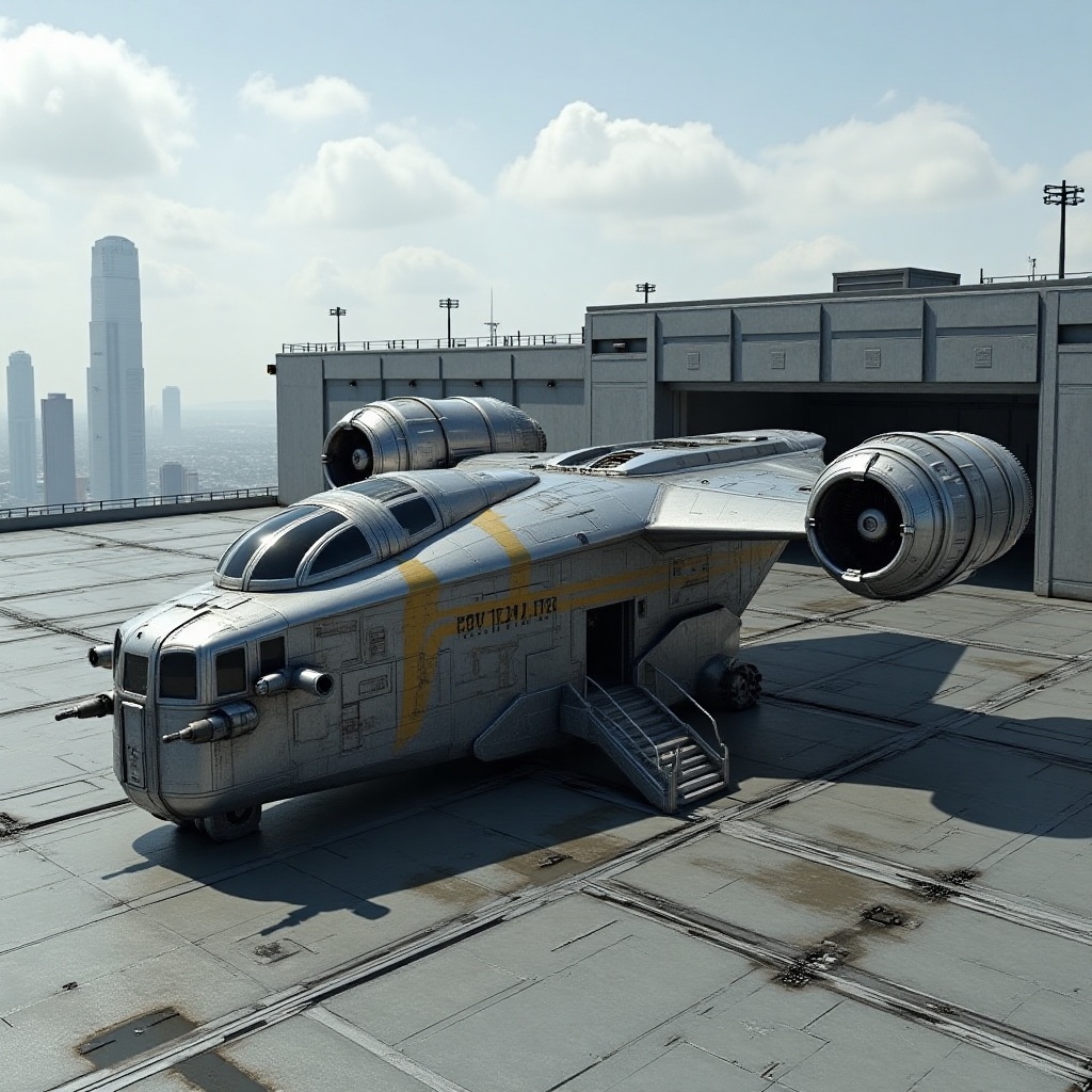 A starship razor crest \(star wars\) parked on a wide landing zone of open Hangar on top of a large military base,  blunt...