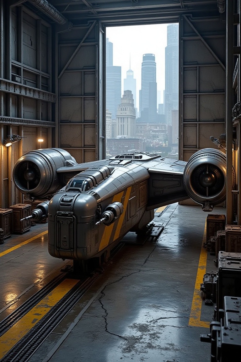 A starship razor crest \(star wars\) in A hangar for maintenance,  blunt head,  canopy on head top on Tensor.Art
