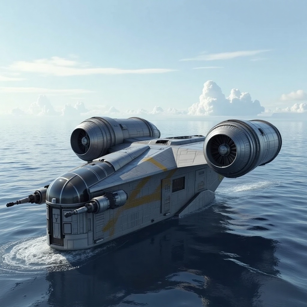 A starship razor crest \(star wars\) parked on ocean side,  blunt head,  canopy on head top on Tensor.Art