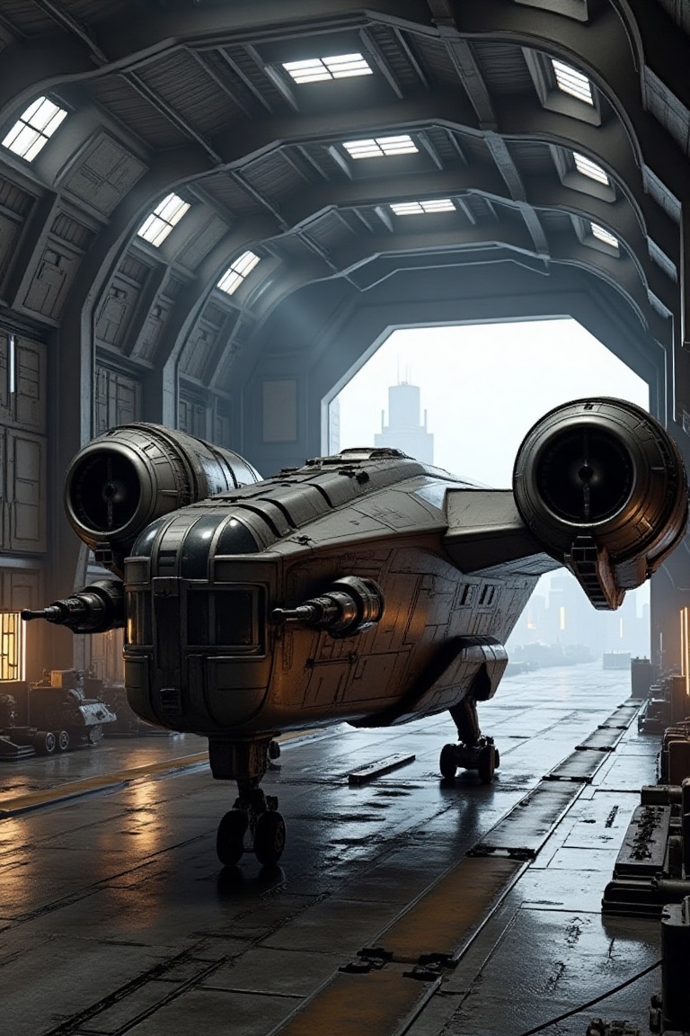 A starship razor crest \(star wars\) in A hangar for maintenance,  blunt head,  canopy on head top on Tensor.Art