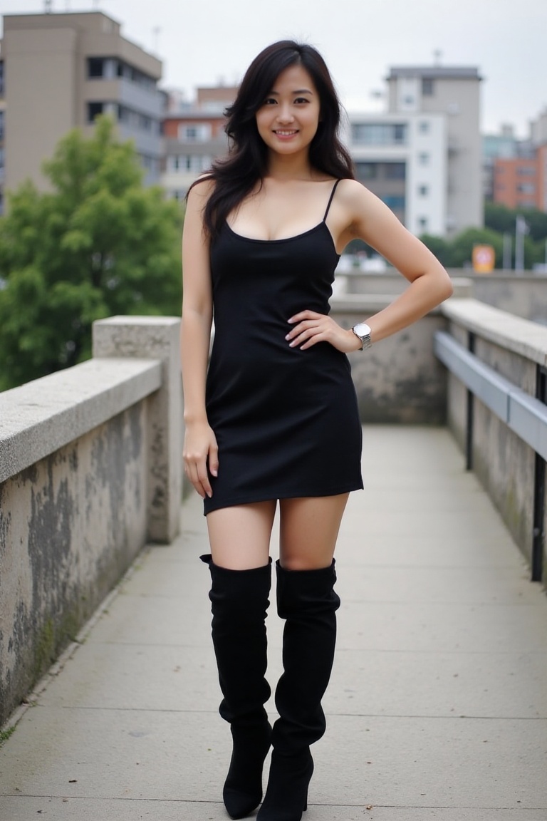 a young asian woman wearing sleek black mini dress and thigh-high boots. outdoors on Tensor.Art