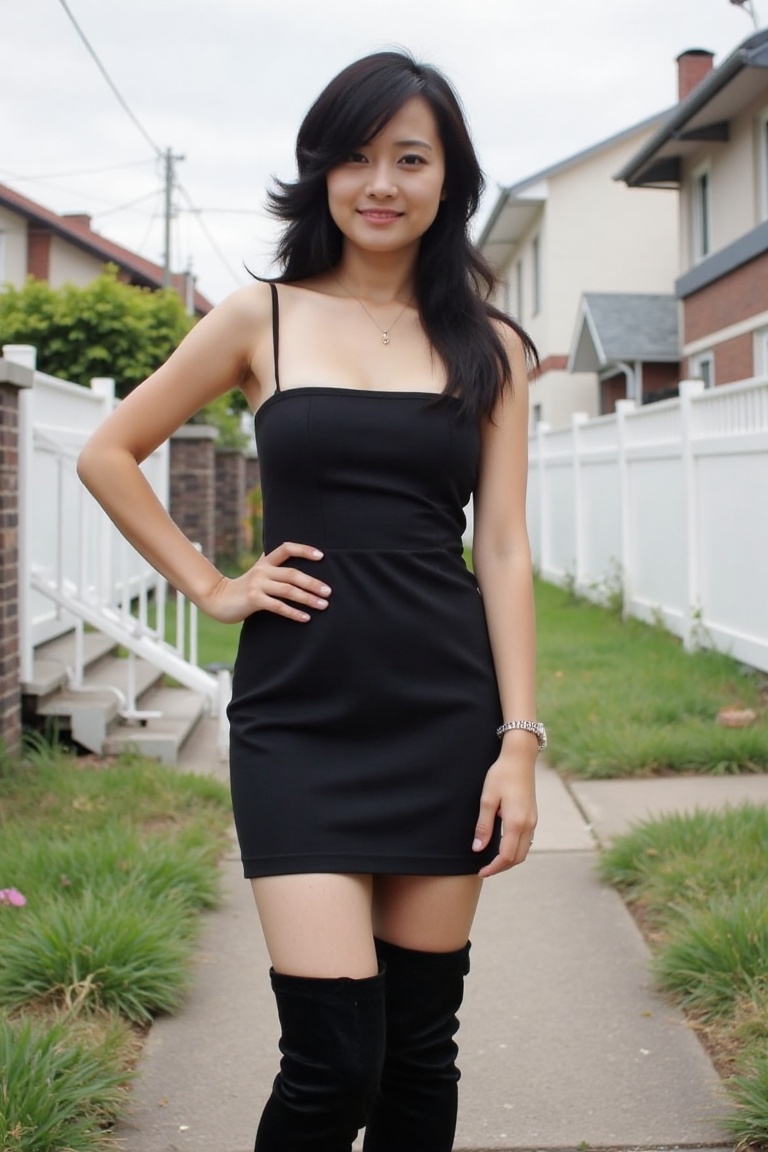 a young asian woman wearing sleek black mini dress and thigh-high boots. outdoors on Tensor.Art