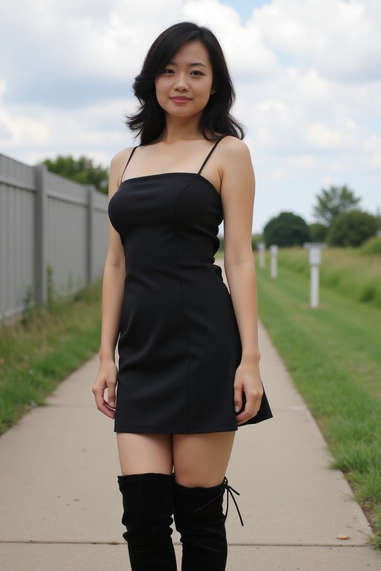a young asian woman wearing sleek black mini dress and thigh-high boots. outdoors on Tensor.Art