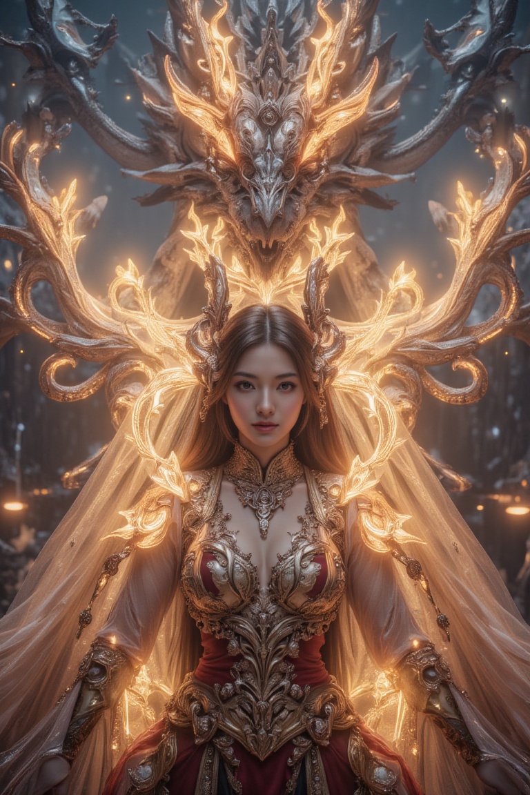 goddess's hands emit huge yellow beams of light ,  (giant dragon roaring on the background),  destroyed city on Tensor.Art