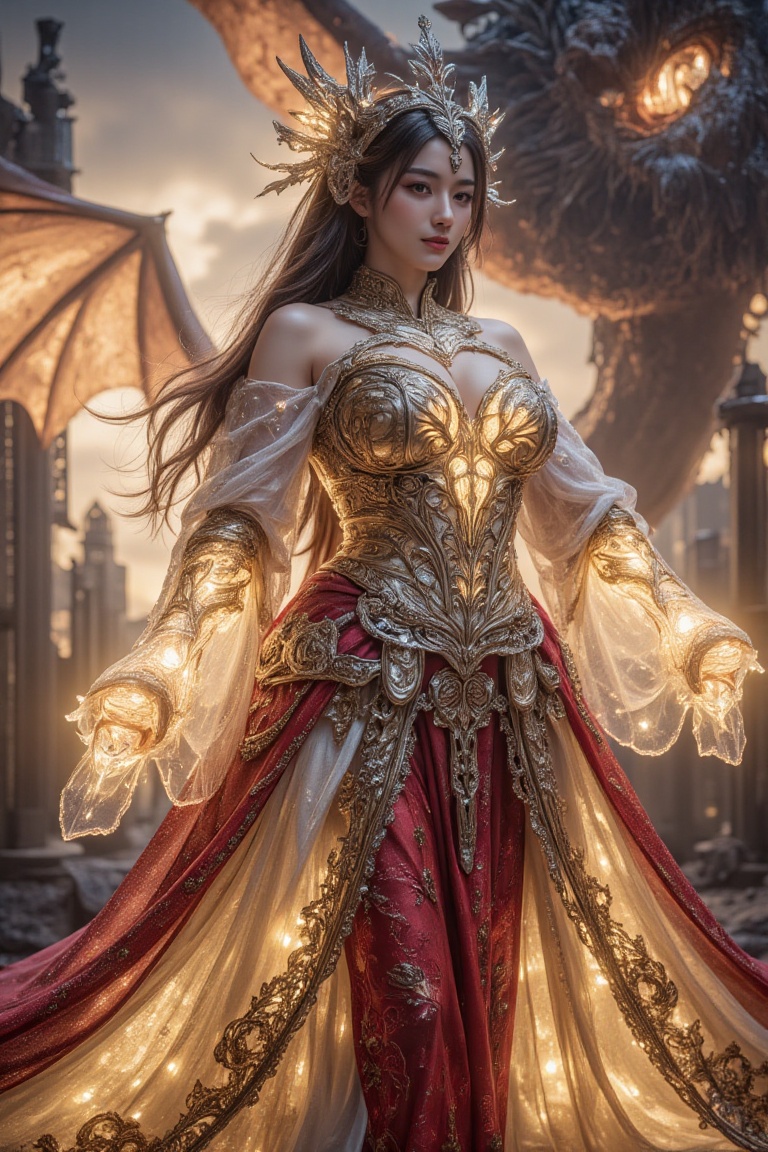 goddess's hands emit yellow beams of light ,  (giant dragon roaring on the background),  destroyed city on Tensor.Art