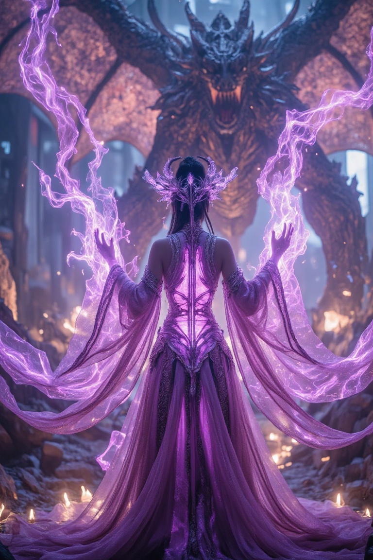 goddess's hands emit huge purple beams of light to defeat the giant dragon ,  (giant dragon roaring on the background),  d...