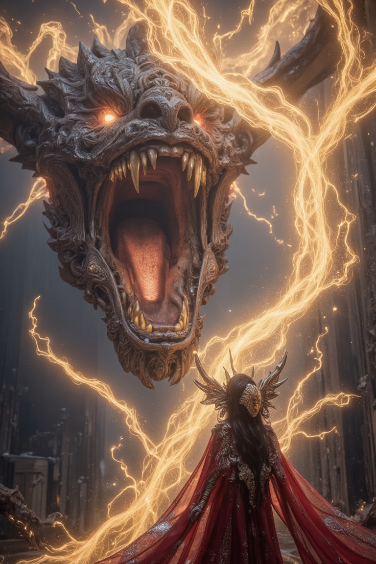 goddess's hands emit huge yellow beams of light ,  (giant dragon roaring on the background),  destroyed city on Tensor.Art