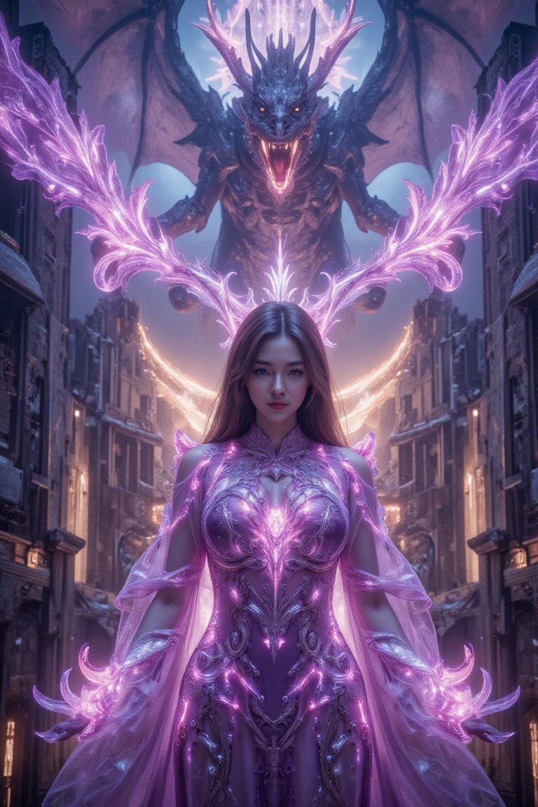 goddess's hands emit huge purple beams of light ,  (giant dragon roaring on the background),  destroyed city on Tensor.Art