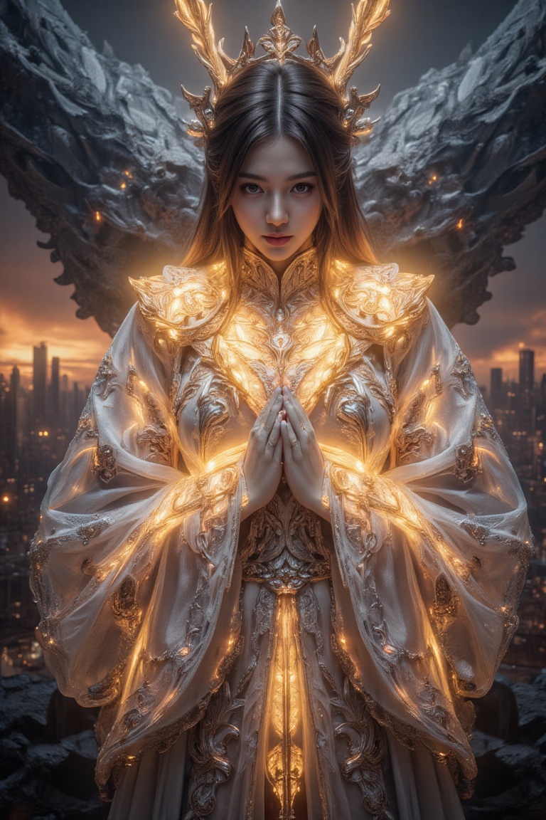 goddess's hands emit huge yellow beams of light ,  (giant dragon roaring on the background),  destroyed city on Tensor.Art