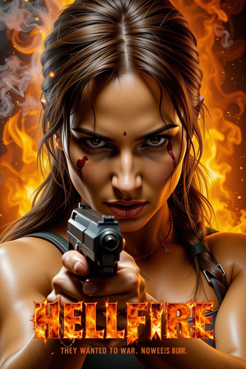 L@raCr0ft,  A relentless vengeance-action close-up featuring Lara Croft (1996),  her face partially lit by the raging infe...