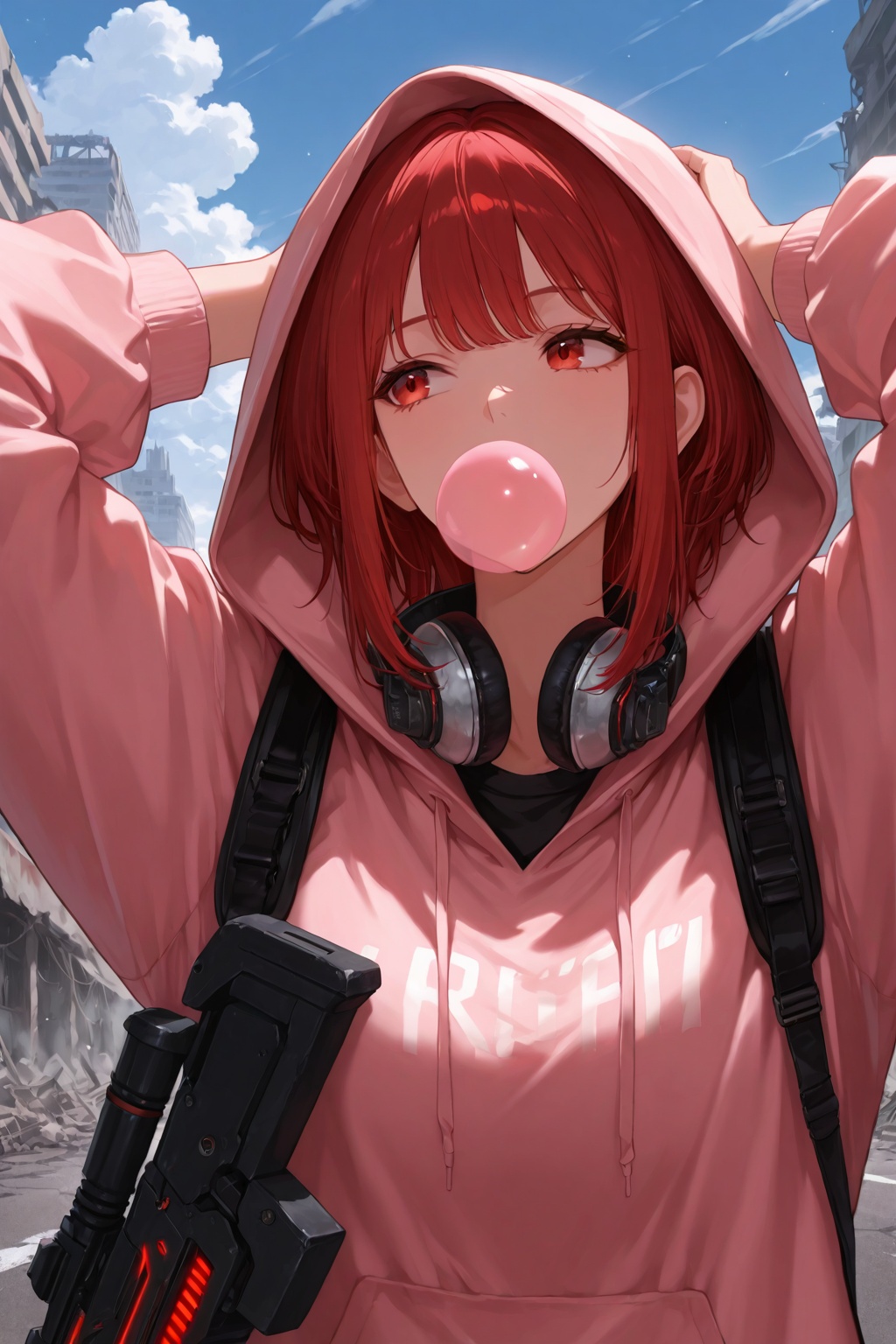 masterpiece, best quality, very aesthetic, ultra-detailed, absurdres, upper body, facing viewer, hands behind own head, 1girl, solo, look away, red hair, medium hair, choppy bangs, himecut, sidelocks, red eyes, bubble gum, pink hoodie, hood up, black shirt, techwear, plasma rifle, (weapon on own behind), headphone on neck, apocalypse, ruined city, blue sky, street, clouds, sci-fi