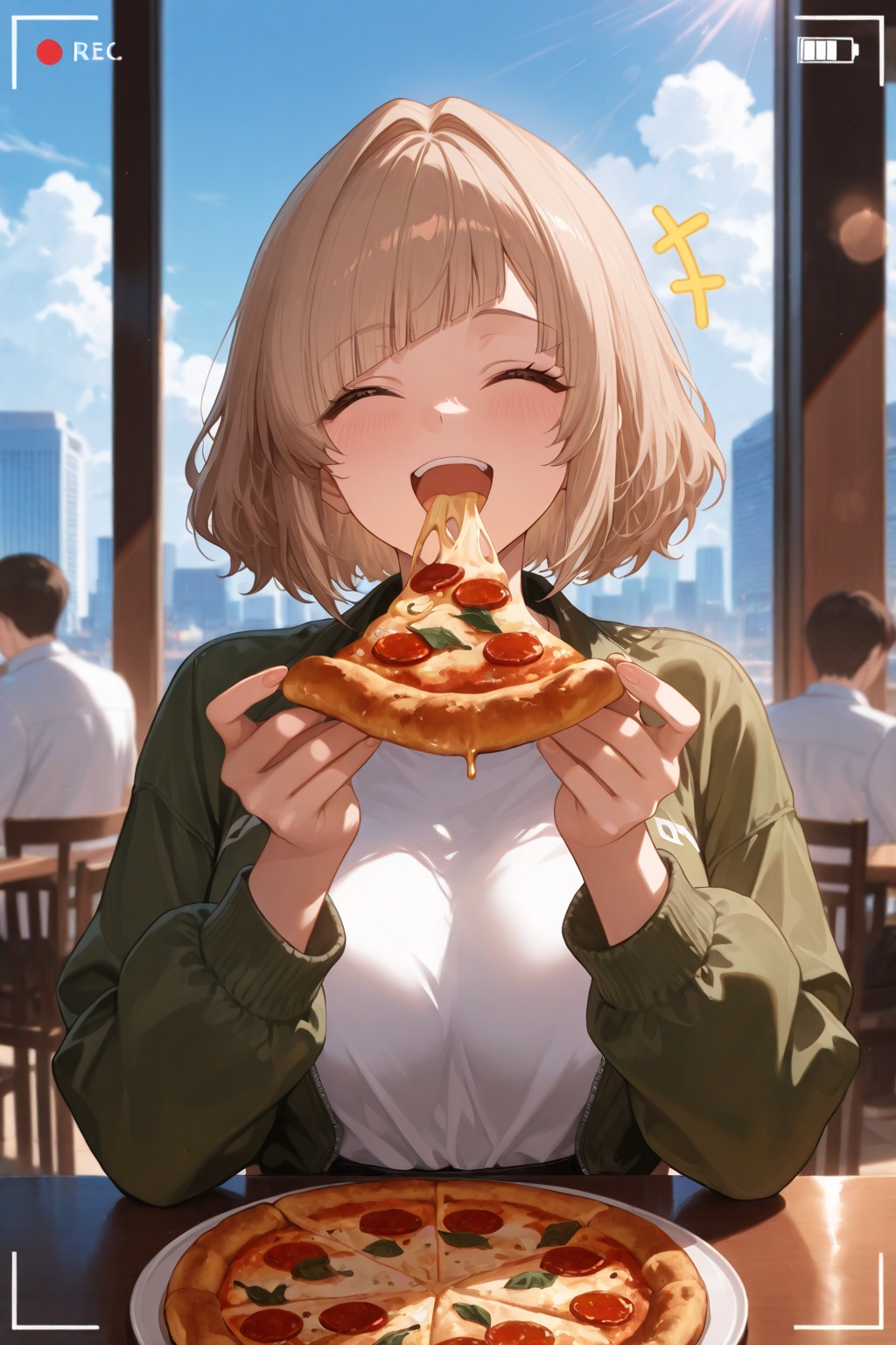 masterpiece, best quality, very aesthetic, ultra-detailed, incredibly absurdres, viewfinder, facing view, upper body, 1girl, solo focus, eating pizza, light brown hair, short hair, bob cut, hair intakes, wavy hair, diagonal bangs, happy, excited, green jacket, white shirt, restaurant, sitting on chair, table, indoors, volumetric lighting, window, city, blue sky, clouds, sunlight, shade