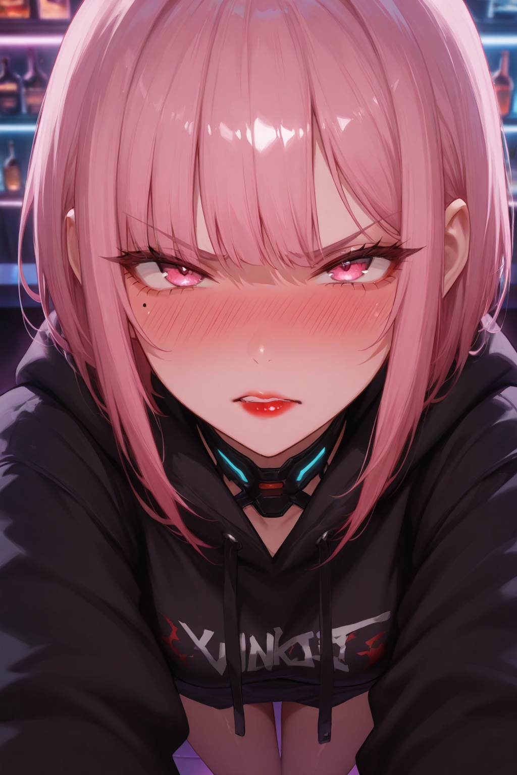masterpiece, best quality, amazing quality, very aesthetic, high resolution, ultra-detailed, absurdres, newest, 8k UHD, POV, close up, 1girl, solo, look at viewer, short pink hair, bangs, pink eyes, red lips, tsundere, blushing, angry cute face, cyberpunk style, bar, standing, black hoodie, red shirt